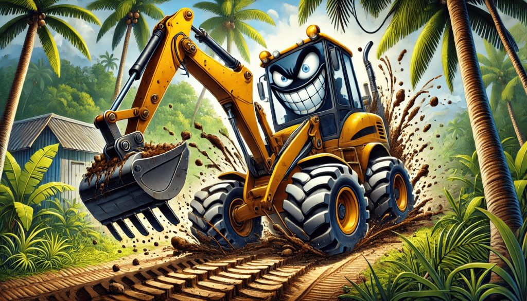 Caricature Tractopelle chaotique dans un environnement tropical