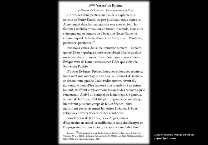 Manuscrit original du troisième « secret » de Fatima, rédigé par sœur Lucie en 1944. Document publié officiellement par le Vatican en juin 2000. (Texte)