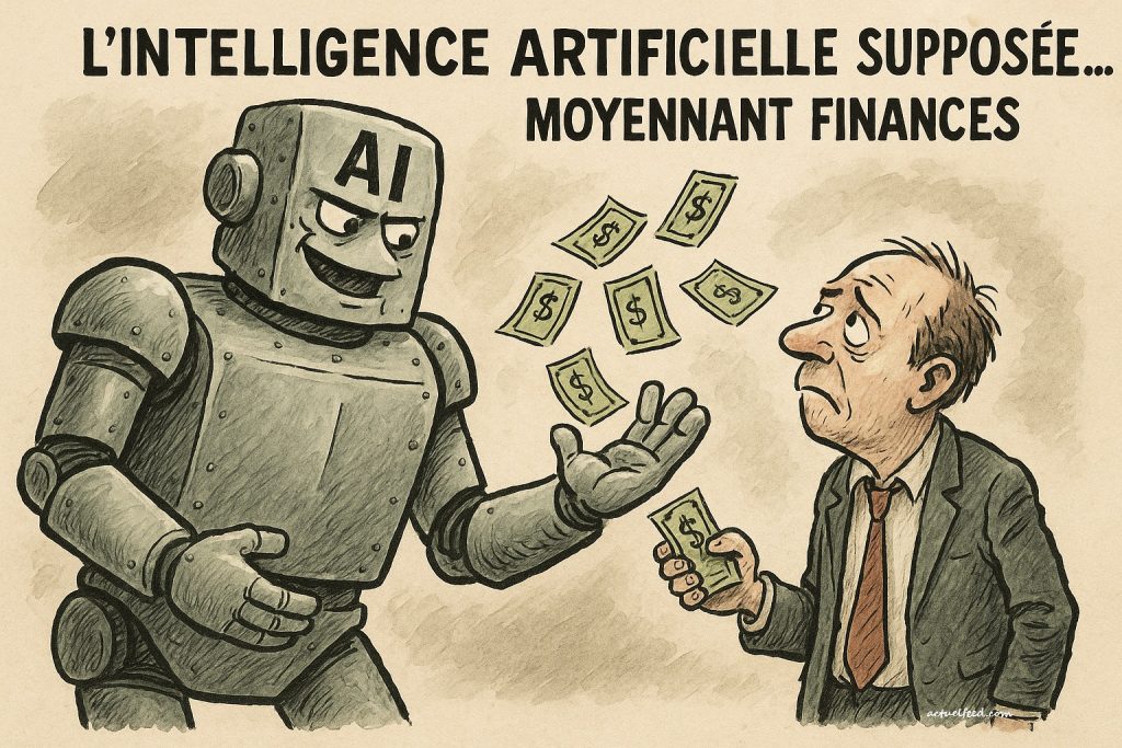 Une caricature satirique dénonçant la marchandisation de l’IA : un robot imposant récupère des billets tendus par un homme dépassé, illustrant la dépendance coûteuse aux promesses technologiques. ChatGPT OpenAI Caricature Satirique